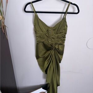 PrettyLittleThing Asymmetrical scrunch Olive Dress